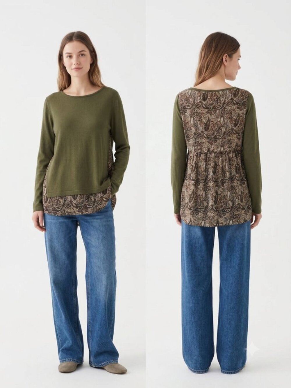 Loft Blouse Green Knit Layered Boho Casual Floral M